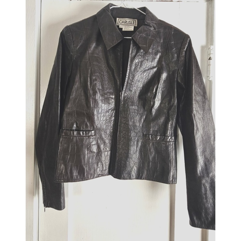 CARLISLE women black jacket Sz 6 genuine leather reptile‎ look full zip lined
